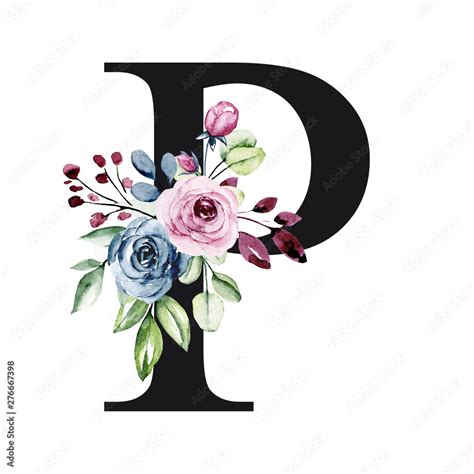 Floral Alphabet Letter P With Watercolor Flowers And Leaves Monogram