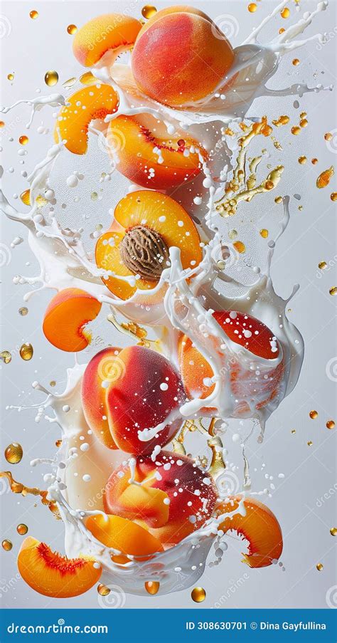 Peaches Falling Into The Milk With Splashes On A White Background Stock