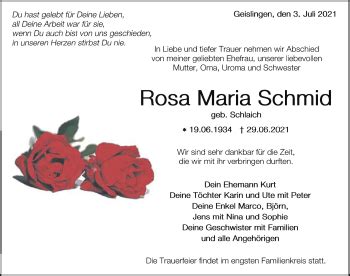 Traueranzeigen Von Rosa Maria Schmid Schwarzw Lder Bote Trauer