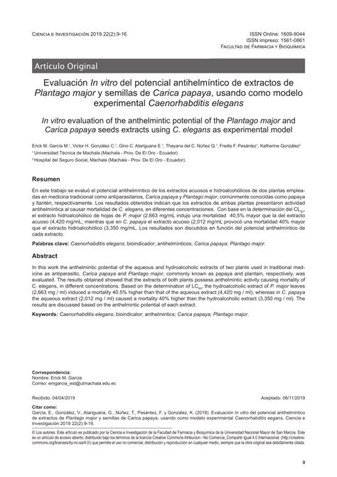 PDF Evaluación In vitro del potencial antihelmíntico de extractos de