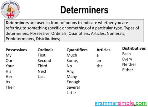 Determiners Definition Types And Examples Grammar Simple Determiners Definitions Nouns