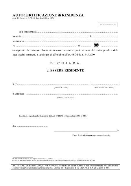 Modulo Autocertificazione Residenza Scarica