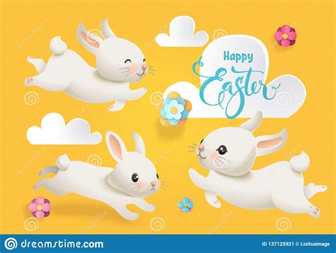 Happy Easter Cute Rabbit Vector Collection Spring White Bunny Flower