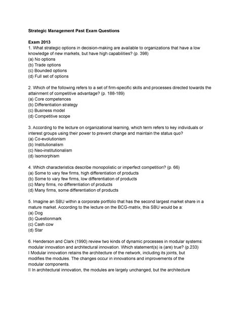 Strategic Management Strategic Management Past Exam Questions