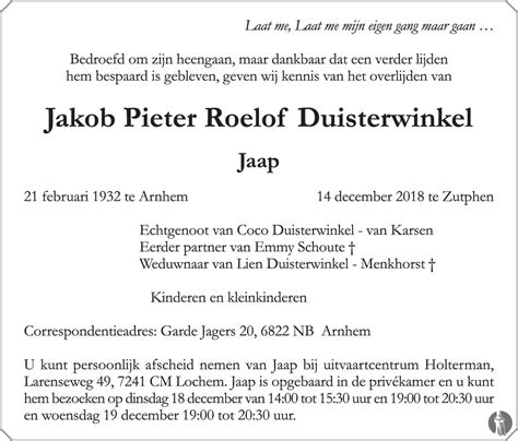 Jakob Pieter Roelof Jaap Duisterwinkel 14 12 2018 Overlijdensbericht