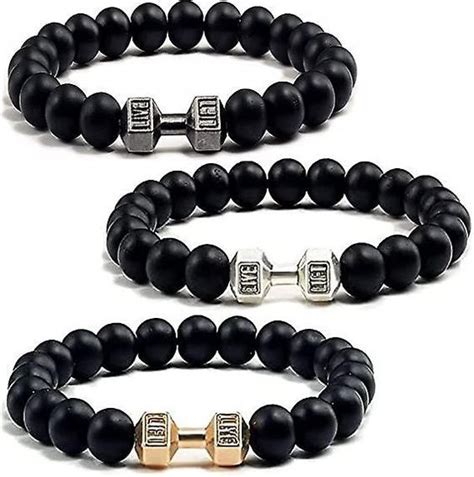 NORLSO Black Dumbbell Bracelet For Men Gym Bros Bracelet Volcanic Lava