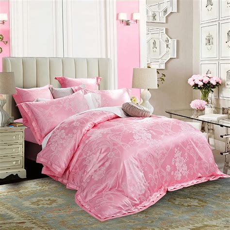 Jacquard Silk Duvet Cover Queen King Size 4pcs Pink Satin Bedding Set