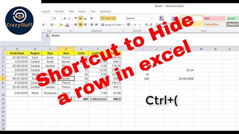 Excel Shortcut To Hide A Row Excel Shortcuts Keyboard Shortcuts Youtube