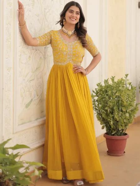 Yellow Haldi Ceremony Gown In Georgette With Sequence And Zari Embroidery In Usa Uk Malaysia