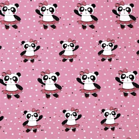 Tissu Jersey Coton Pandas Danseuses Noirs Et Blancs Sur Fond Vieux Rose