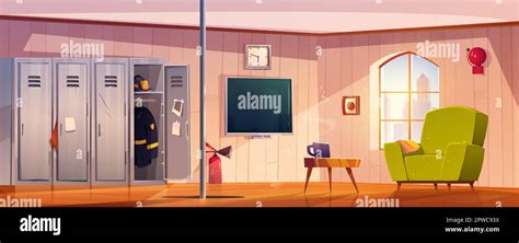 Fire station rest room cartoon vector illustration. Firefighter ...