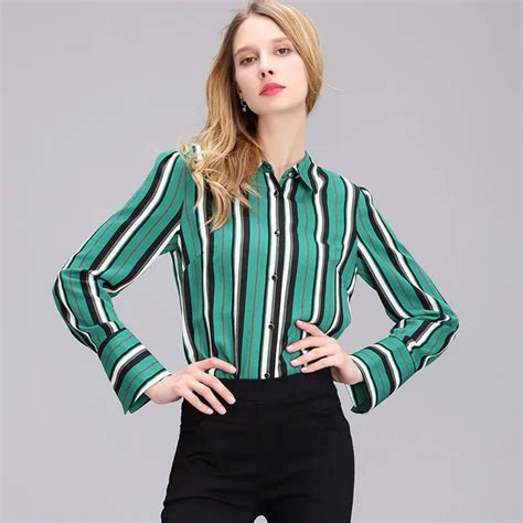 2017 Autumn Women Green Elegant Office Shirt Vertical Striped Blouses