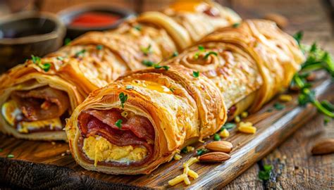 A Breakfast Roll With Bacon And Almonds On A Wooden Board Stock Photo