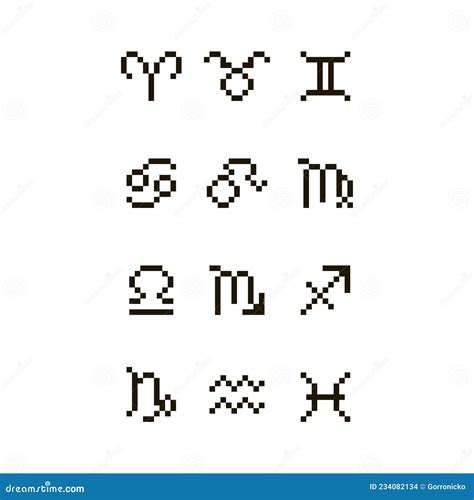 Flat Pixel Art Illustration Of Set Of Black And White Zodiac Signs