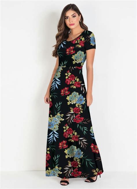 Vestido Longo Moda Evangélica Floral Preto Rosalie