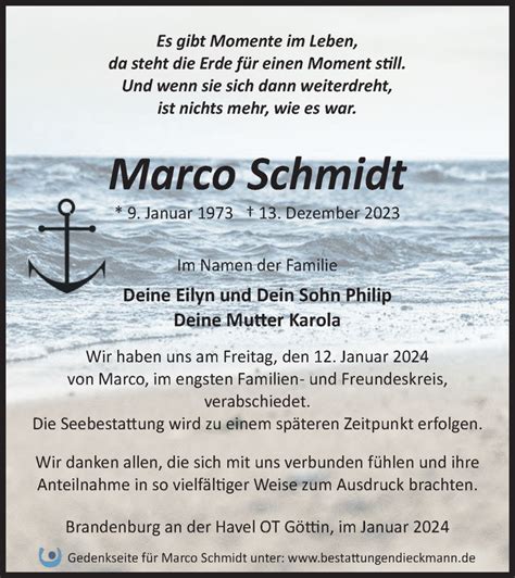 Traueranzeigen Von Marco Schmidt M Rkische Onlinezeitung Trauerportal