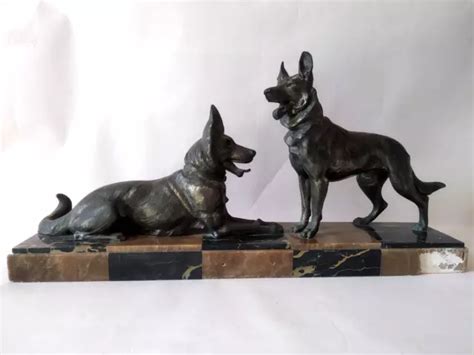 STATUE SCULPTURE RÉGULE chien loup sur socle en marbre dlg Carvin Art