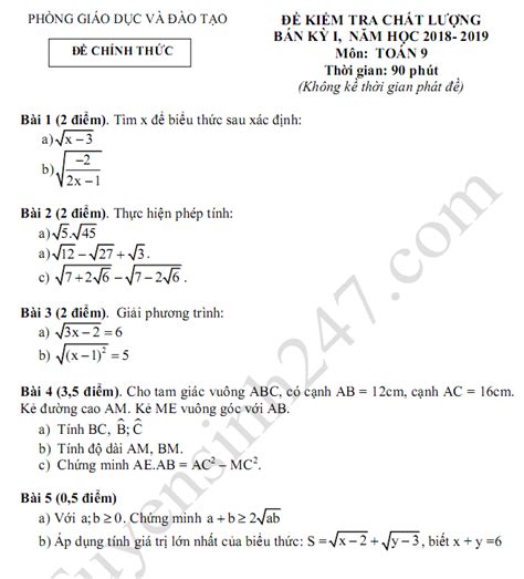 Đề Thi Giữa Học Kì 1 Lớp 9 Môn Toán 2018 2019 Có đáp án