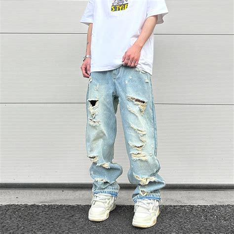 Washed Blue Oversized Torn Jeans For Men Streetwear Hip Hop Large