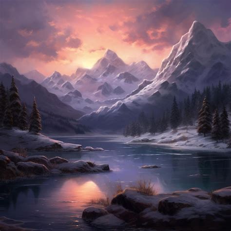 Premium AI Image A Painting Of A Mountain Landscape With A River And