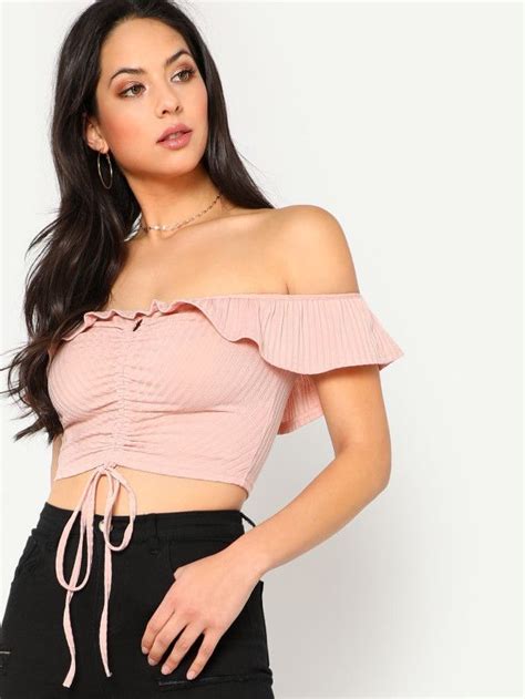 Shein Drawstring Front Ruffle Bardot Top Bardot Top Crop Tops Crop