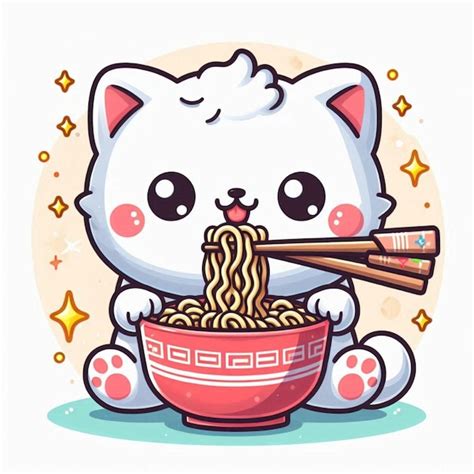 Gato Lindo Comiendo Fideos De Ramen Con Palillos Ilustrado Con Icono De