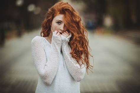 Women Redhead Freckles Long Hair Curly Hair Hair In Face Looking At