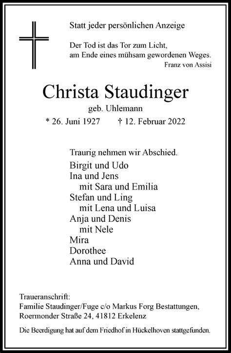 Alle Traueranzeigen für Christa Staudinger trauer rp online de