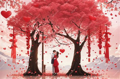 Premium Ai Image Romantic Red Love Tree Under The Couple Tanabata Tanabata Poster Background Psd