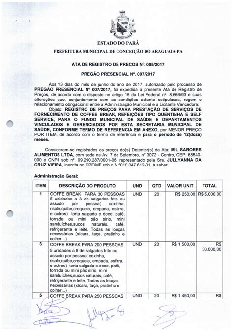 Ata De Registro De Pre O Prefeitura Municipal De Concei O Do