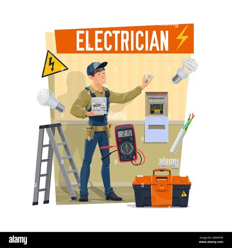 Electrician with equipment, toolbox and work tools. Cartoon vector ...