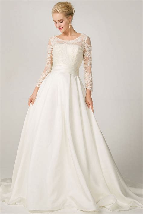 A Line Long Sleeves Illusion Neckline Bridal Wedding Dresses With Lace Angrila