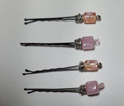 Hand Crafted Set Of Pink Beaded Bobby Pins Hair Accessory One Of A