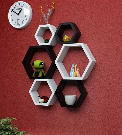 Buy Engineered Wood Hexagonal Floating Wall Shelf In Black Colour At