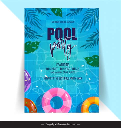 Pool Party Invitation Poster Template Flat Leaf Buoy Decor Vectors