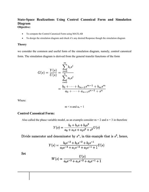 State Space Realizations Using Control Canonical Form And Simulation