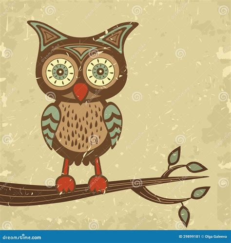 Cute Retro Style Owl Sitting On Branch Stock Vector Illustration Of