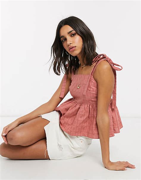 Asos Design Square Neck Smock Cami With Tie Straps In Textured Grid In