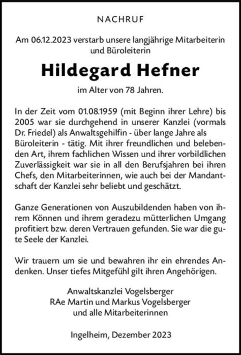 Traueranzeigen Von Hildegard Hefner Vrm Trauer De