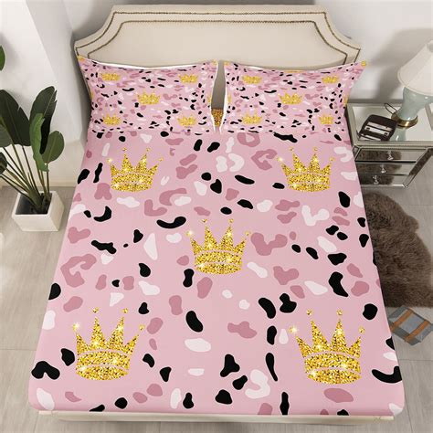 Gold Crown Full Sheets For Girls Women Pink Cheetah Print Bed Sheets