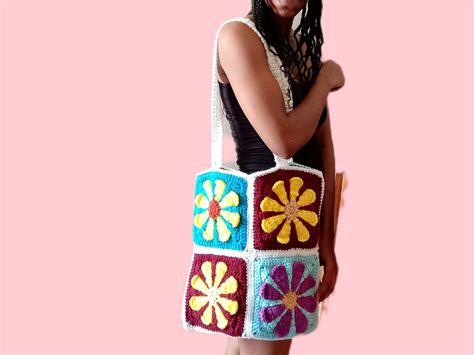 Retro Daisy Granny Square Crochet Tote Bag Pattern Square Bag Daisy Shoulder Bag Floral Bag