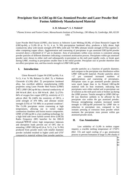 Pdf Precipitate Size In Grcop 84 Gas Atomized Powder And Laser Powder Bed Fusion Additively