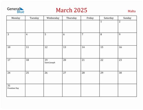 March 2025 - Malta Monthly Calendar with Holidays
