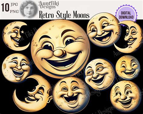 Retro Style Moons, Moon Clipart, Full Moon, Moons With Faces, Retro ...