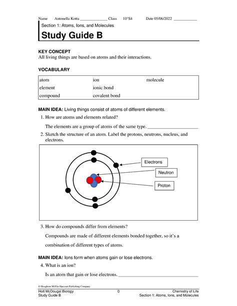 Study Guide B Section Atoms Ions And Molecules Name Antonella