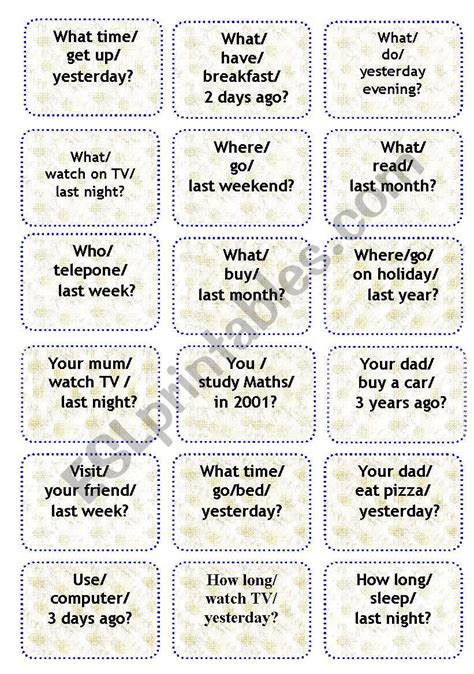 Past Simple Making Questions Speaking Cards ESL Worksheet By Bea228