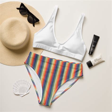 Rainbow Two Piece Swimsuit Pride Bikini Recycled High Waisted Bikini Sizes XS XL Etsy