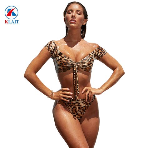 Womens Short Sleeve Bikini Set Sport Swimsuit Top Thong Bottom Leopard Swimwear China