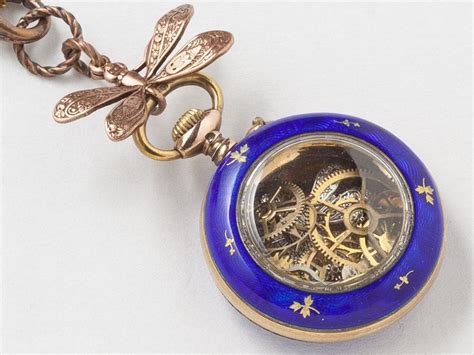 Antique Pocket Watch Necklace With Enamel Gears And Dragonfly Locket