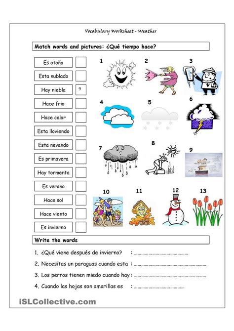 El Tiempo Y Las Estaciones Hojas De Trabajo De Vocabulario Ejercicios De Español Y